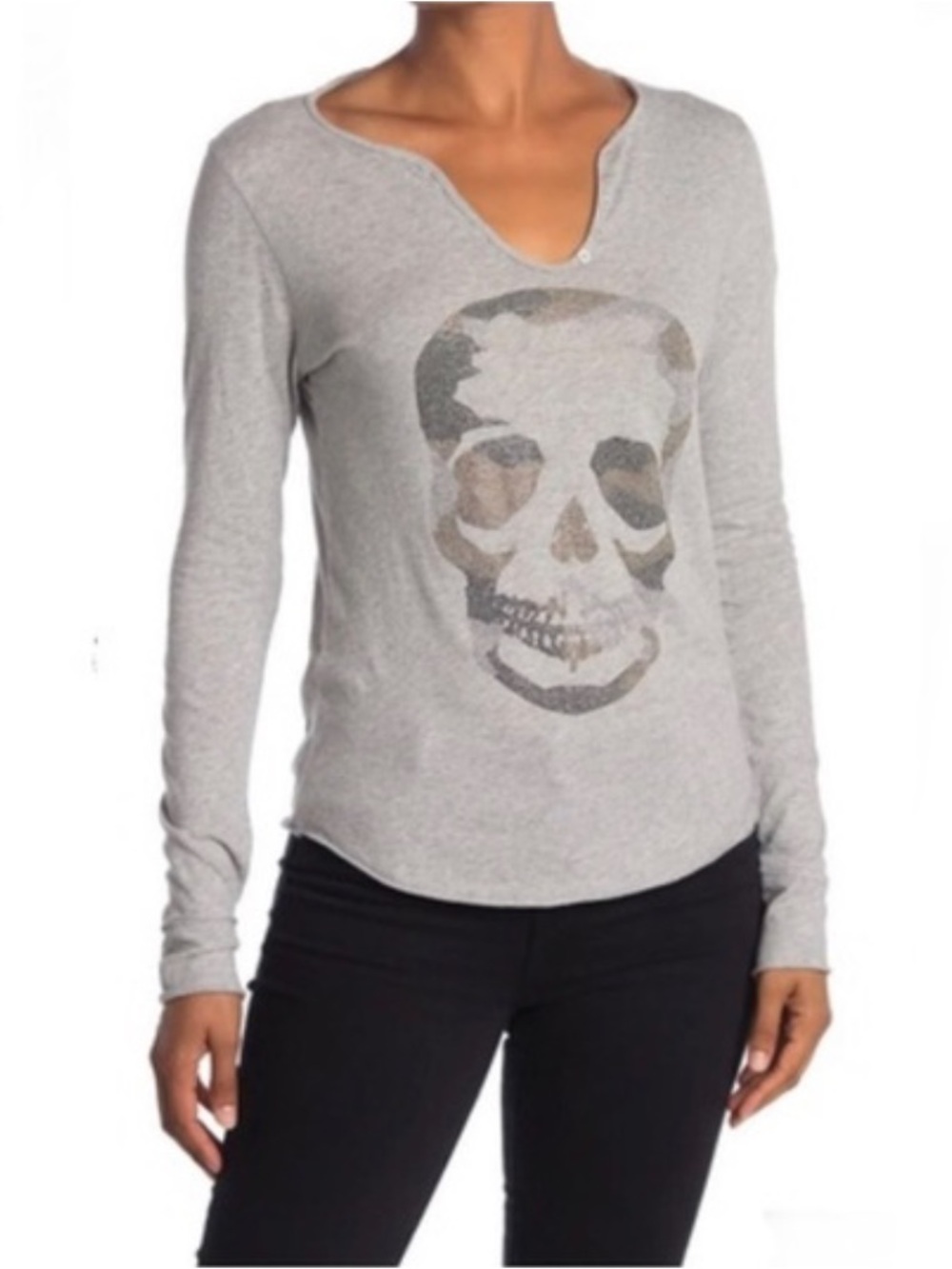 Zadig & Voltaire gray long sleeve beaded skull top